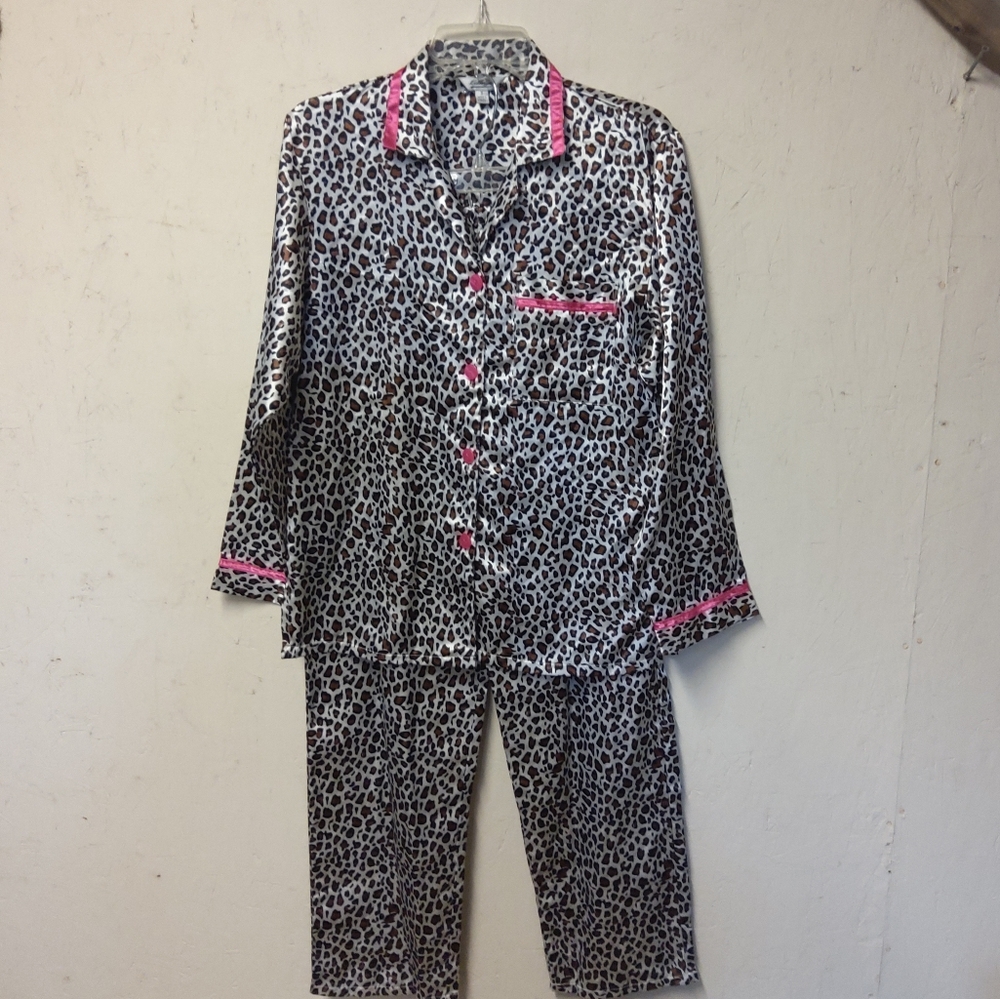Kathryn Leopard Print Pajamas Pink Trim & Buttons